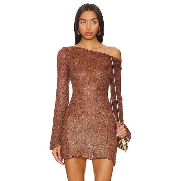 Asta Resort Maya Longsleeve Mini Dress Chocolate Sequin Xs